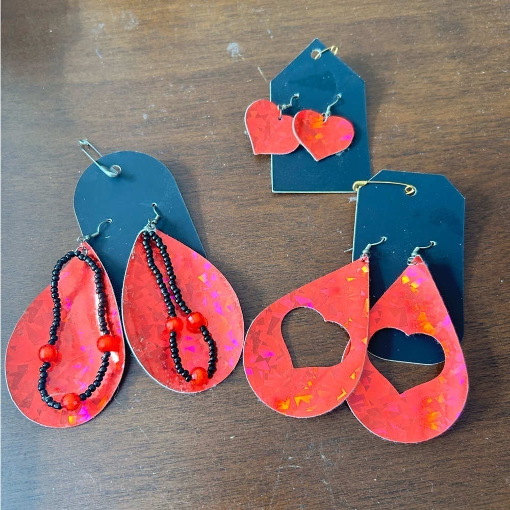 3 sets of faux leather Red Heart and Teardrop Earrings- handmade